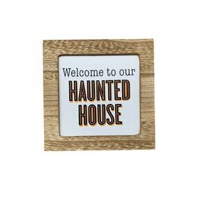Rustic Haunted House Welcome Sign 4in Square Halloween Decor Tiered Tray Holiday